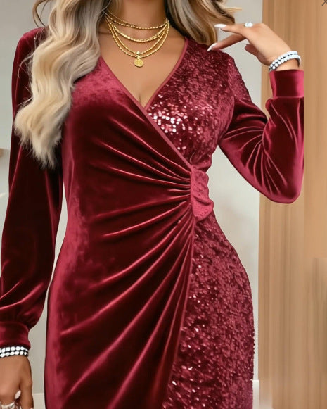 Elegant Sequins Design Long Sleeve Party Dress