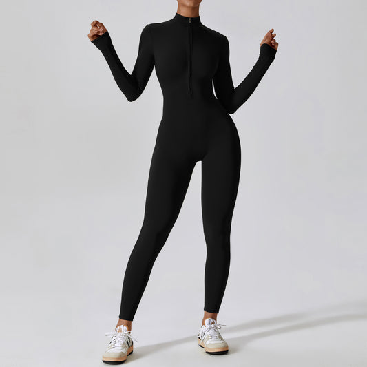 Dames yoga- en sportjumpsuit met lange mouwen en ritssluiting