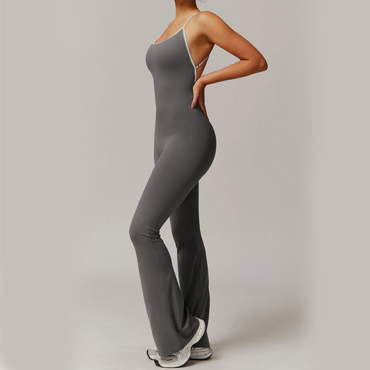 Effen, mooie lange jumpsuit met broek voor yoga, fitness, hardlopen, dansen, slanke pasvorm, sportkleding voor dames