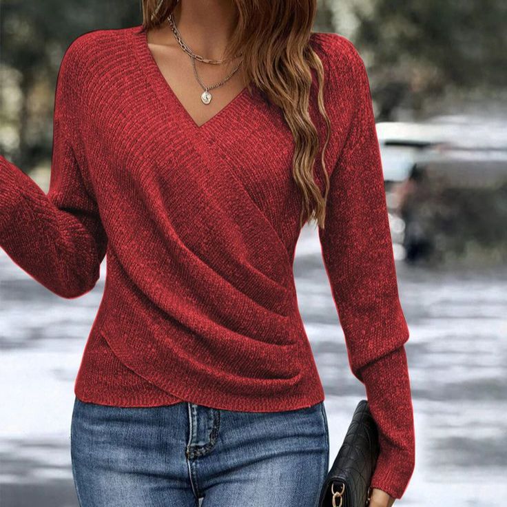V-neck Long Sleeve Cross Solid Color Knitted Sweater