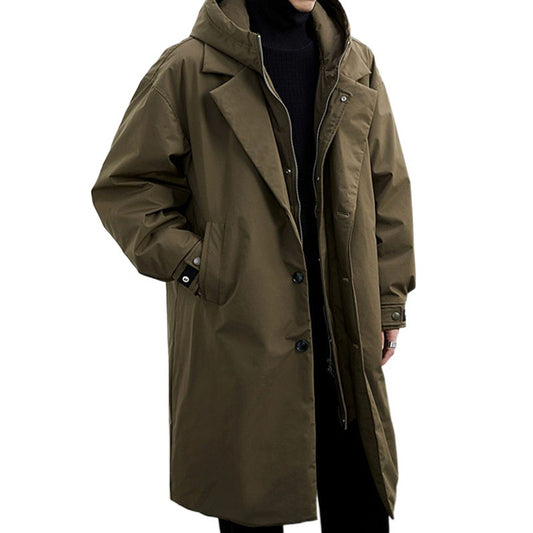 Coat Coat Men's False Two Pieces Hooded Mid-length Trench Coat