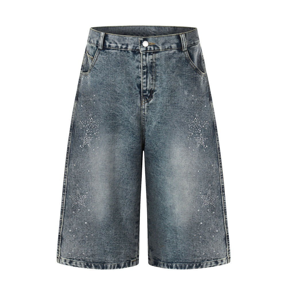 Men's Five-Pointed Star Rhinestone Straight-Leg Denim Shorts