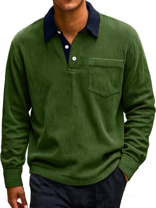 Men's Vintage Corduroy Button Long Sleeve Polo Shirt