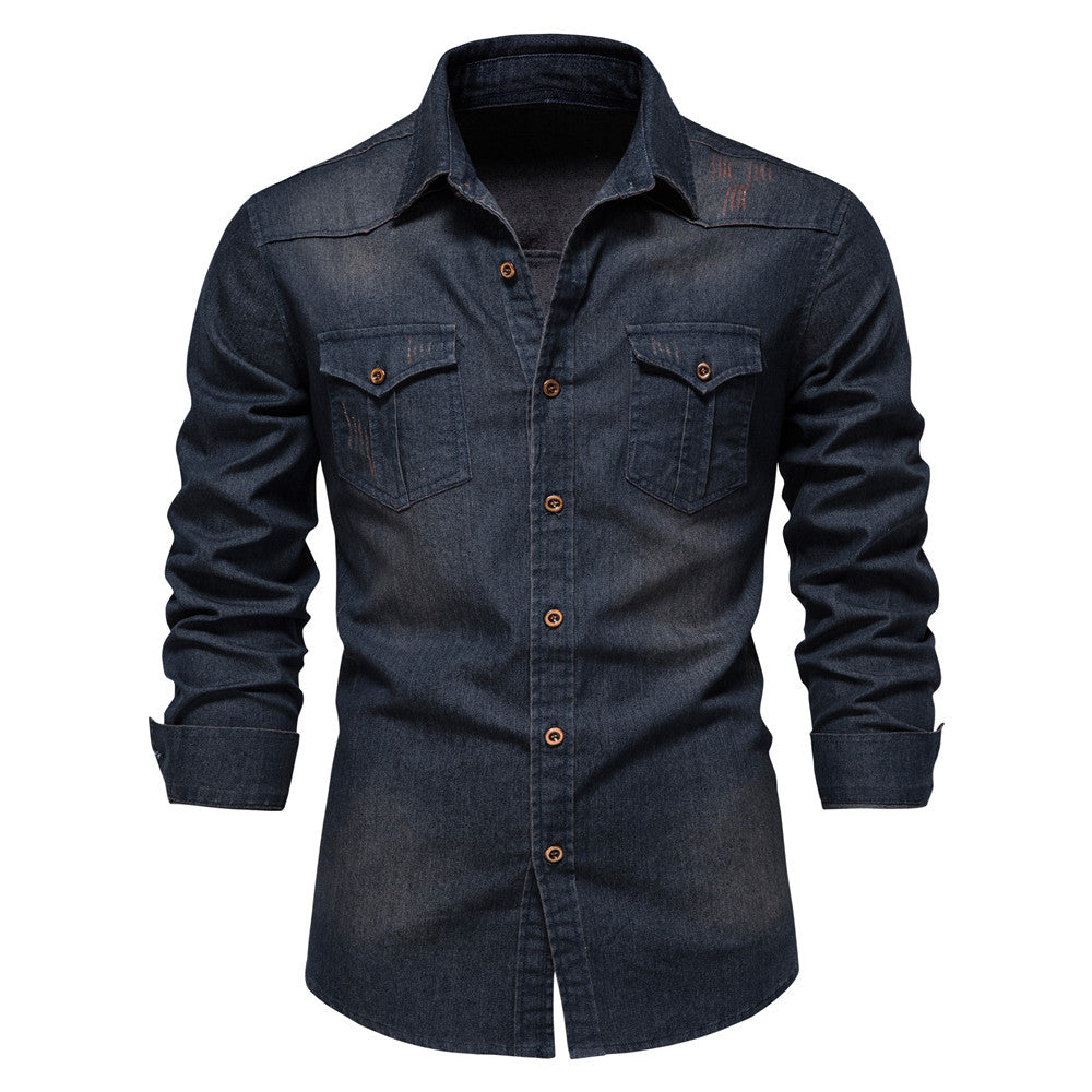 Men's Long-sleeved Denim Shirt Casual Solid Button Slim Tops Clothing