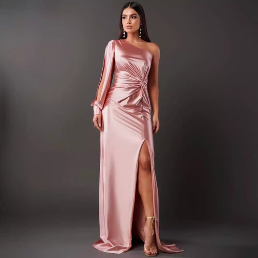 Women's One-shoulder Split Dress Ins Fashion Long-sleeved Slim Long Dresses Party Evening Clothing