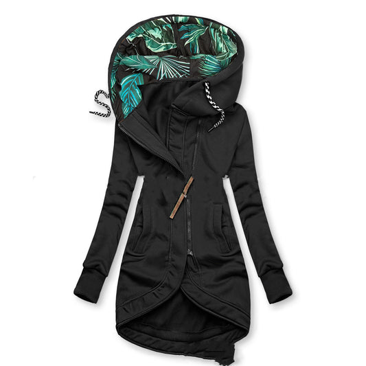 Solid Colour Printed Hooded Long Sleeve Jacket