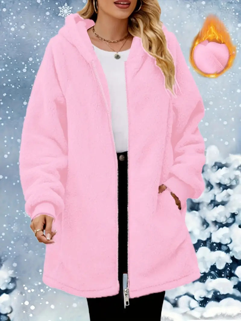 Loose Plush Women's Long Sleeve Hooded Zip Cardigan Coat