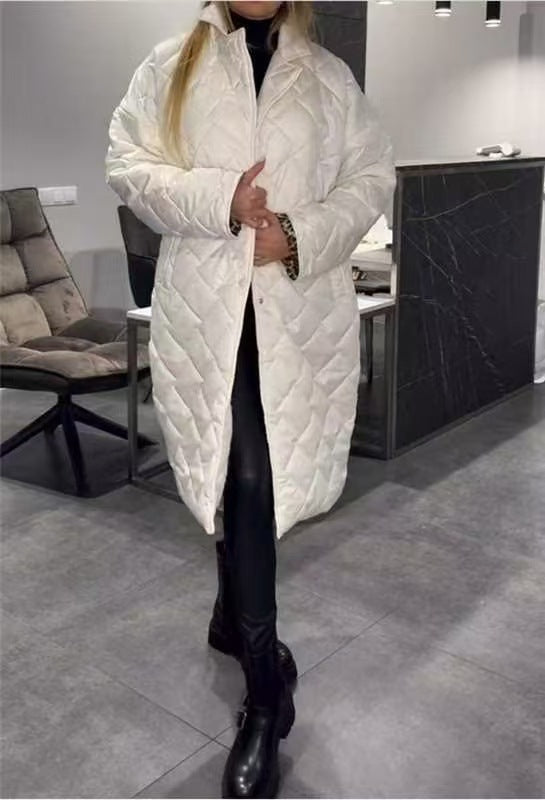 Winterjas met ruitvormig stiksel, warme effen kleur, zakken, revers, lange jas voor dames