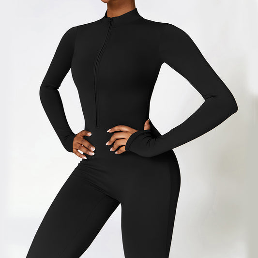 Warme jumpsuit met lange mouwen en ritssluiting, geschikt voor yoga, fitness en sport. Ademende bodysuit voor dames.
