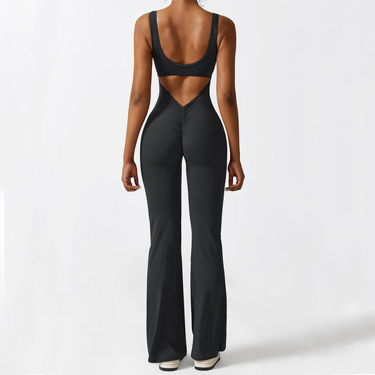 Mouwloze jumpsuit met wijde pijpen voor dames, geschikt voor fitness en yoga.