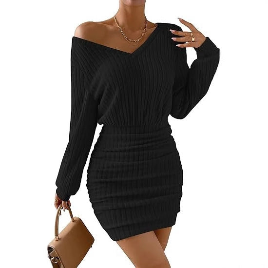 Solid Color And V-neck Long Sleeve Pleated Mini Short Dress