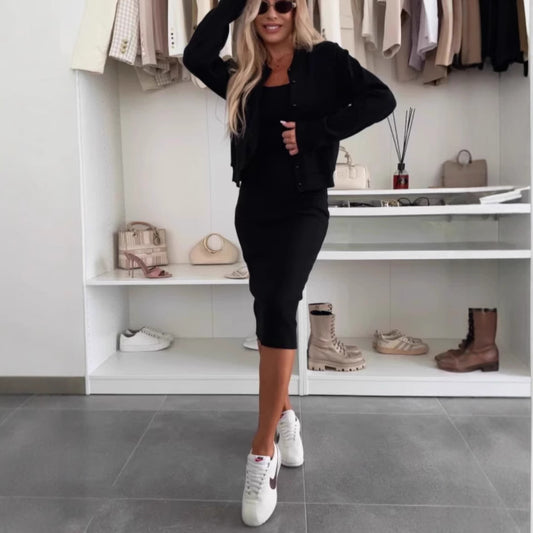 Solid Color Sling Dress Cardigan Outerwear Top Long Skirt Two-piece Set