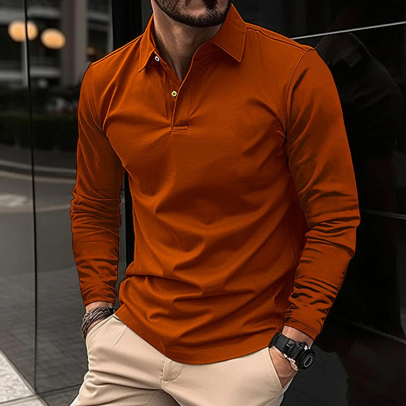 Buckle European And American Men's Daily Casual Polo Collar Long Sleeve Polo Wear