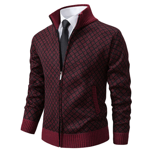 Thickened Plaid Print Jacket Cardigan Fashion Slim Fit Zipper Stand Collar Sweater