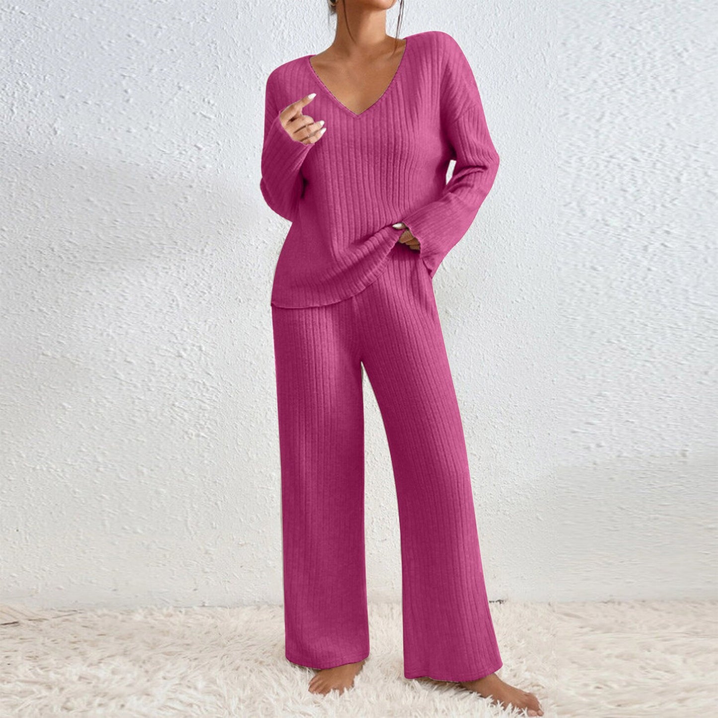 Long Sleeve V-neck Knitted Sunken Stripe Brushed Loose Leisure Suit
