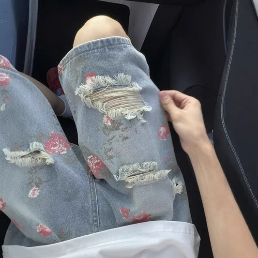 Retro Rose Floral Ripped Denim Shorts