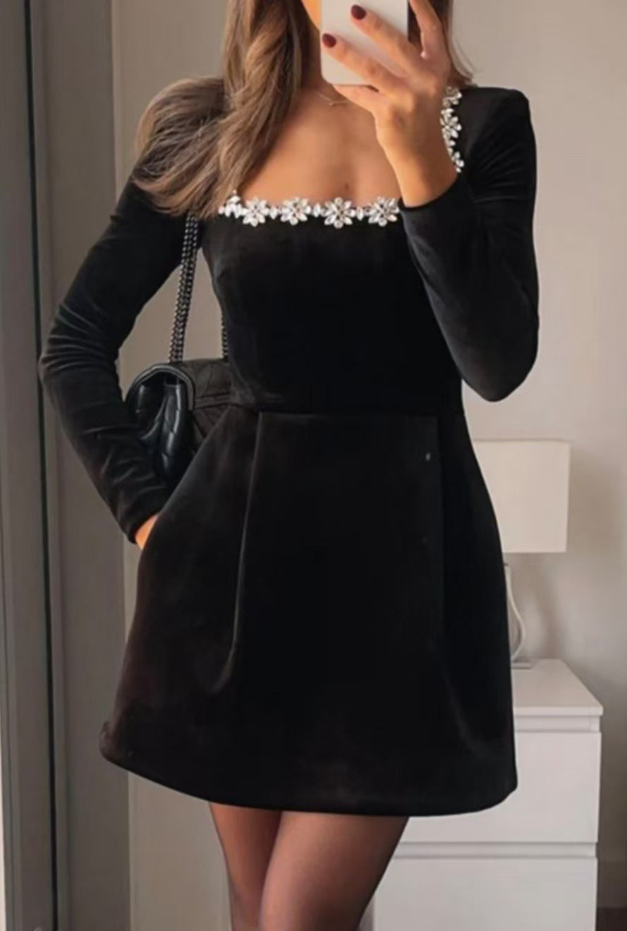 Christmas Elegant Square Neck Long-sleeved Dress