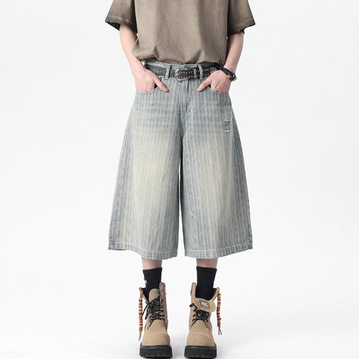 Workwear Striped Capri Denim Shorts