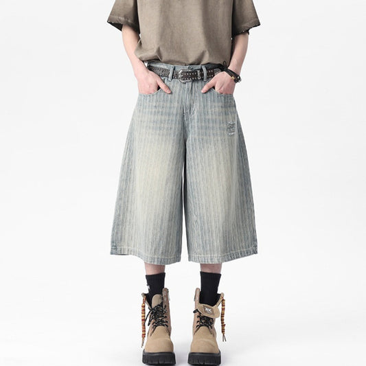 Workwear Striped Capri Denim Shorts