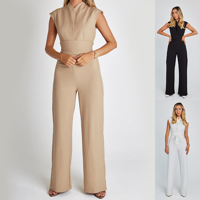 Modieuze en elegante lange mouwloze jumpsuit met V-hals, casual model met wijde pijpen voor de zomer, geschikt voor dames.