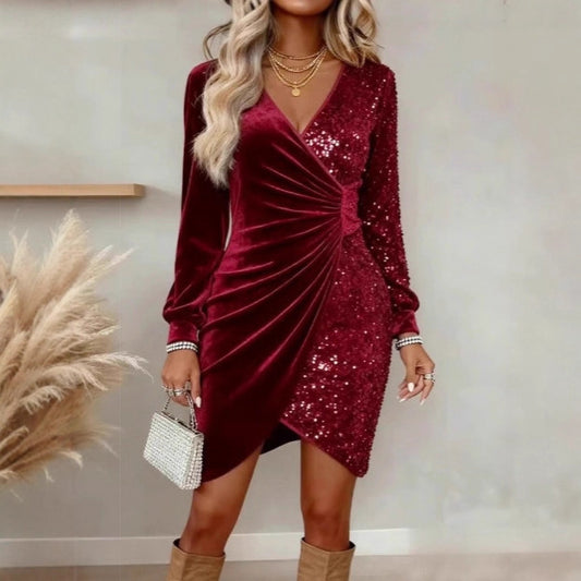 Elegant Sequins Design Long Sleeve Party Dress