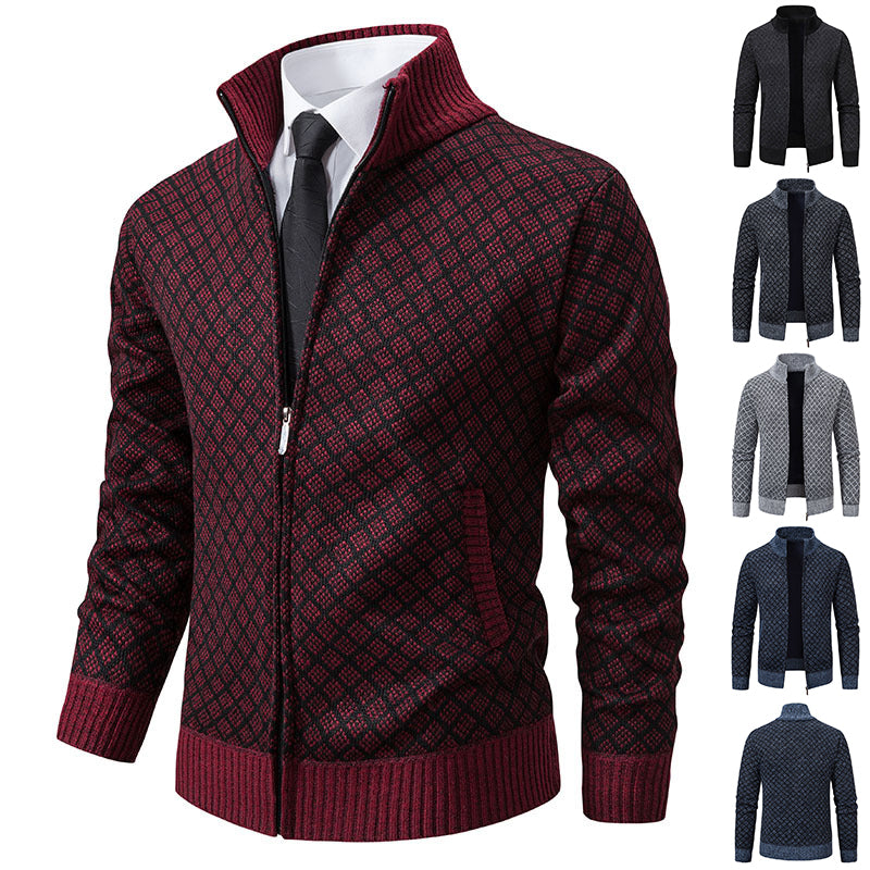 Thickened Plaid Print Jacket Cardigan Fashion Slim Fit Zipper Stand Collar Sweater