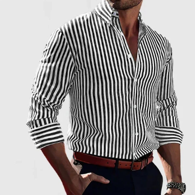 Ins Stripe Printed Long Sleeve Shirt Men Fashion Casual Lapel Button Top Clothing