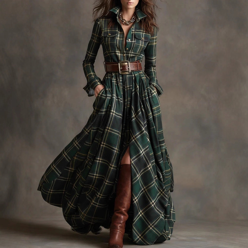 Ins Plaid Print Long-Sleeved Dress