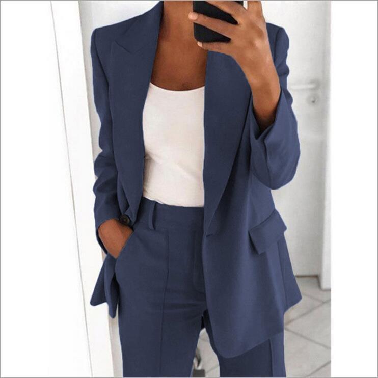 Ins Button Casual Suit Fashion Blazer met lange mouwen, revers en slim-fit broek met zakken voor dames