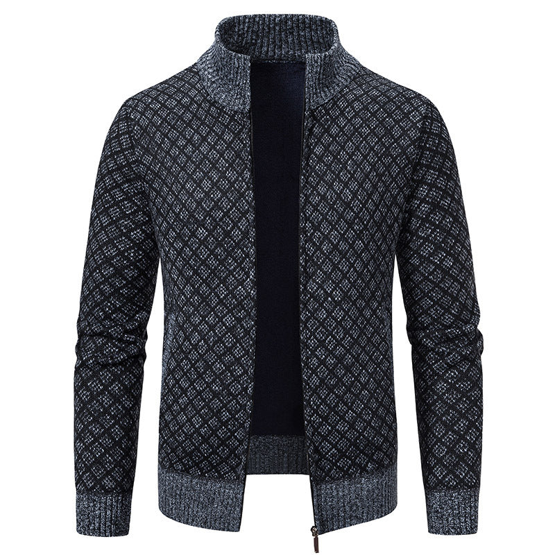 Thickened Plaid Print Jacket Cardigan Fashion Slim Fit Zipper Stand Collar Sweater