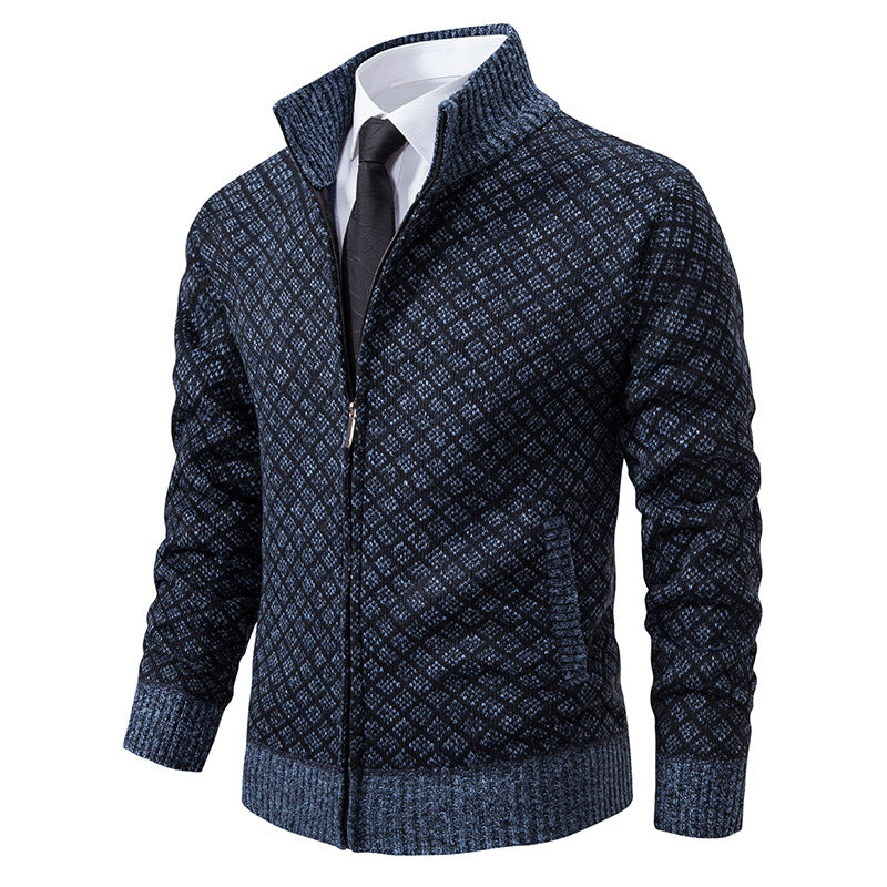 Thickened Plaid Print Jacket Cardigan Fashion Slim Fit Zipper Stand Collar Sweater
