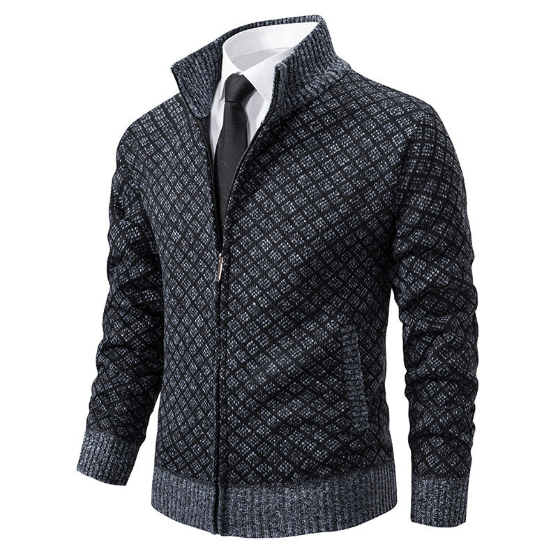 Thickened Plaid Print Jacket Cardigan Fashion Slim Fit Zipper Stand Collar Sweater