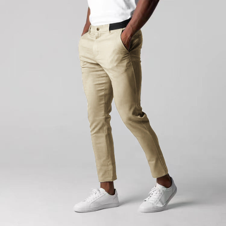 Comfortable Solid Color Pants Elegant Slim Fit Men's Business Trousers With Elastic Waist Button Closure Pockets