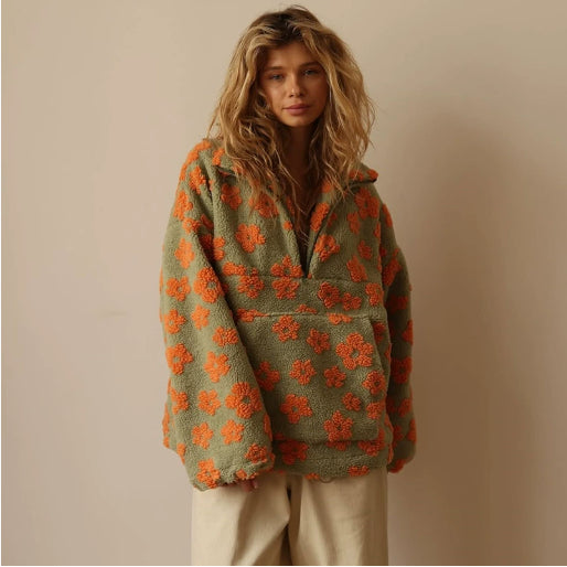 Winterbloemen lamswollen sweatshirt met grote zak, casual losvallende top met ritssluiting en reverskraag, dameskleding