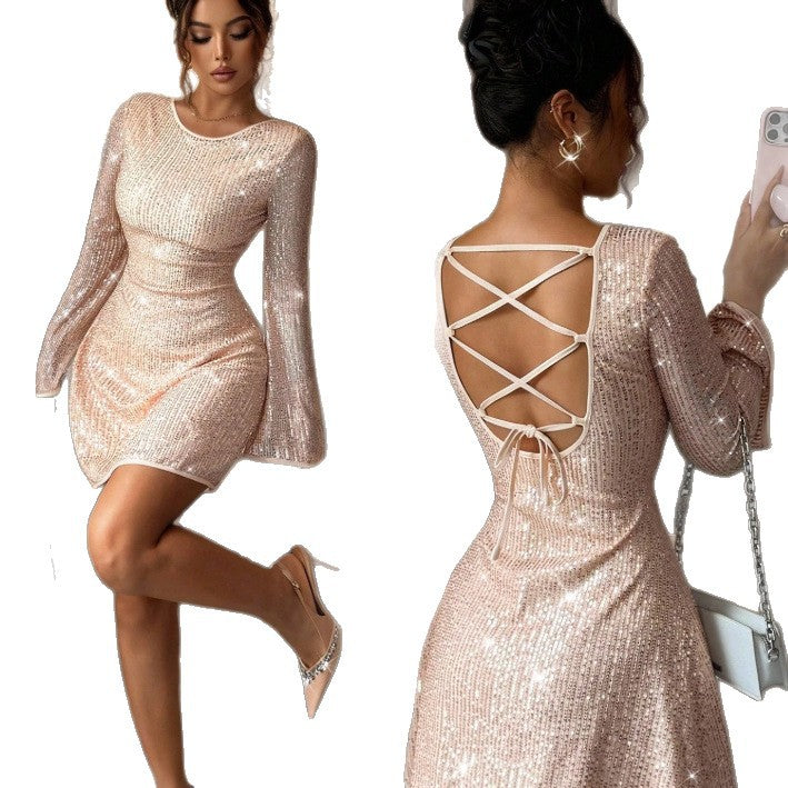 Body Hugging Backless Strap Detail Sequin Long Sleeve Dress