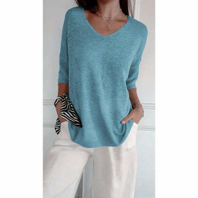 Solid Long Sleeve Sweater Slimming V-neckline Knitwear Women's Bottoming Shirt