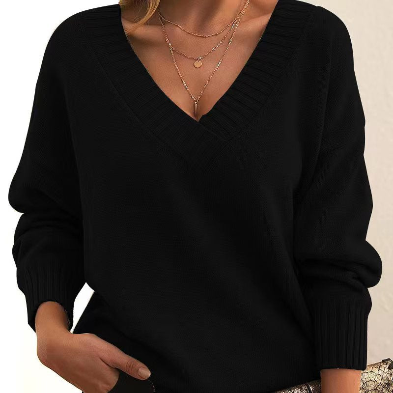 Solid V-neck Sweater Fashion Loose Long-sleeved Knitted Tops Autumn And Winter Women's Clothing