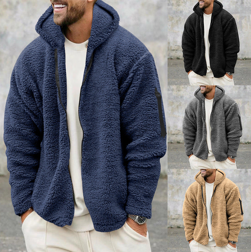 Plush Hooded Jacket Men's Autumn And Winter Fleece Double-sided Wear