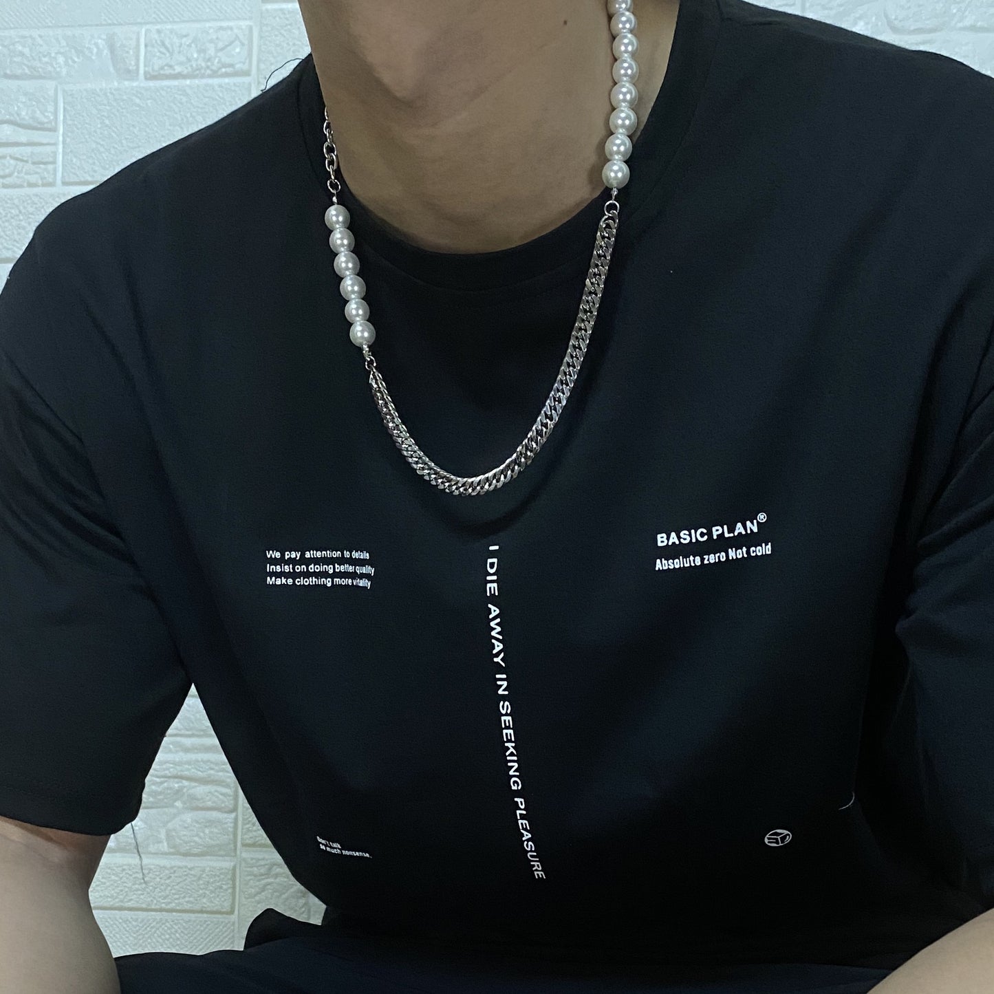 Hip Hop Titanium Steel Stitching Pearl Necklace For Men And Women