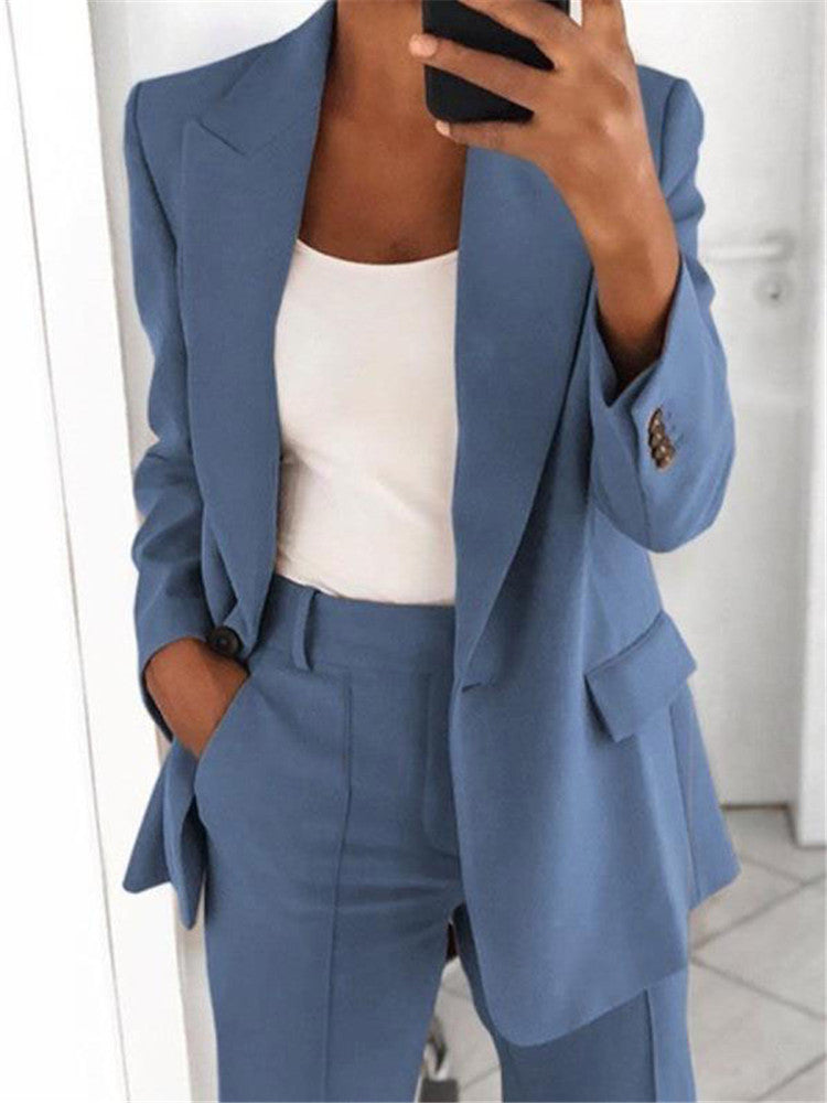 Ins Button Casual Suit Fashion Blazer met lange mouwen, revers en slim-fit broek met zakken voor dames