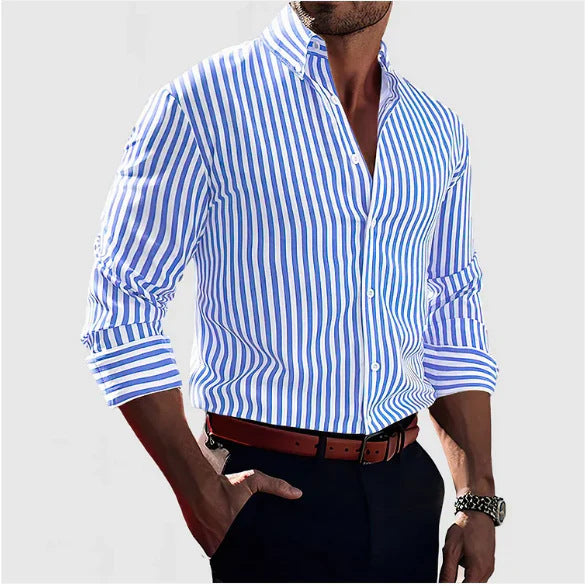 Ins Stripe Printed Long Sleeve Shirt Men Fashion Casual Lapel Button Top Clothing