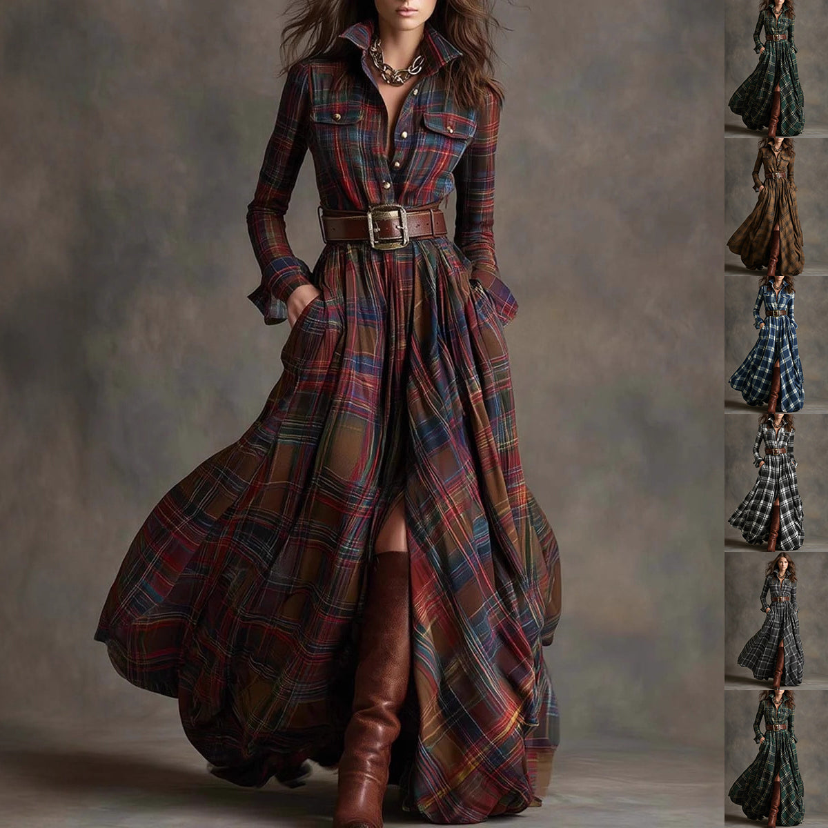 Ins Plaid Print Long-Sleeved Dress