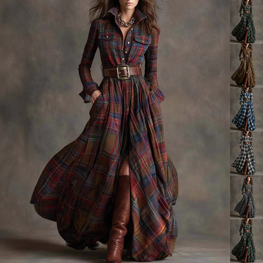 Ins Plaid Print Long-Sleeved Dress