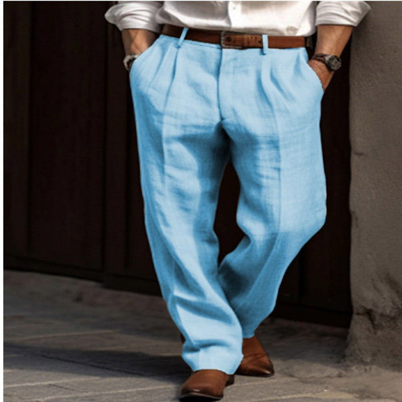Men's Linen Trousers Double Pleated Front Pocket Straight Pure Color Comfort Breathable Casual