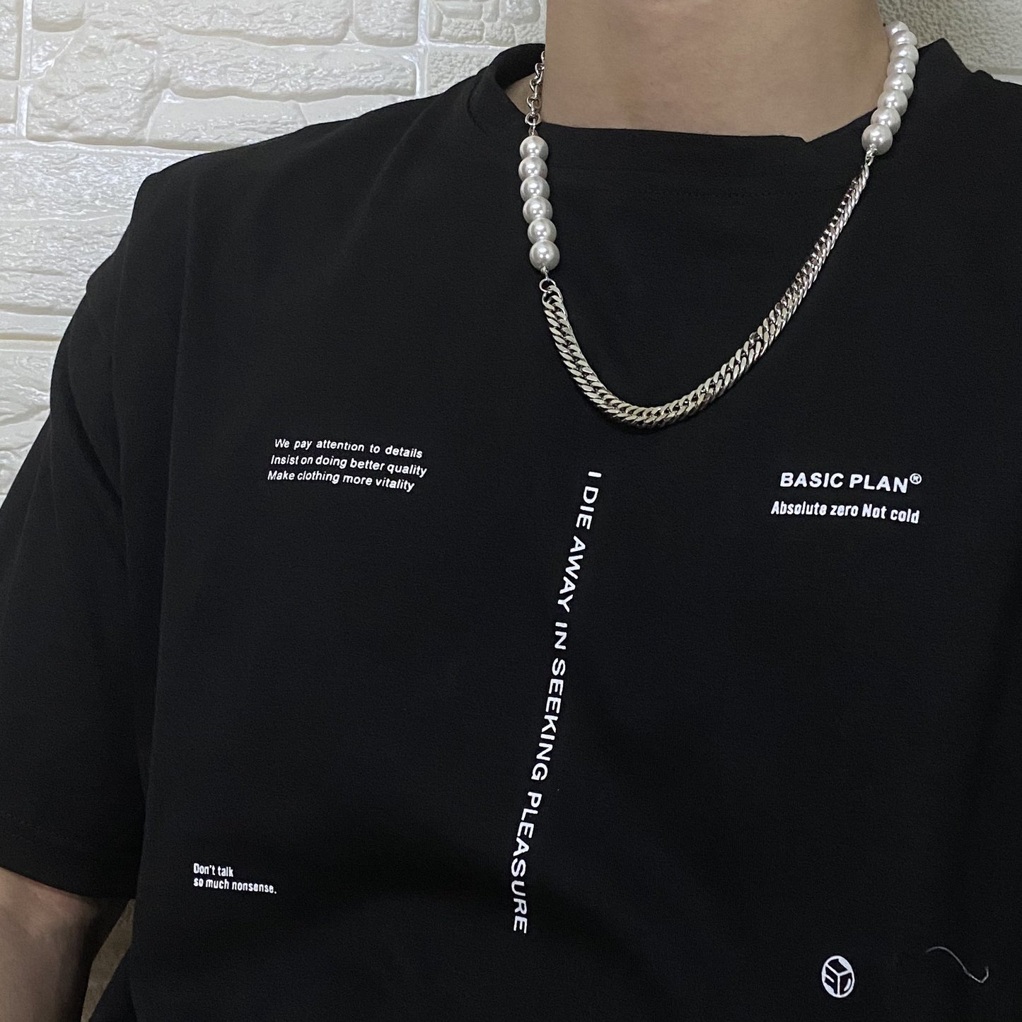 Hip Hop Titanium Steel Stitching Pearl Necklace For Men And Women