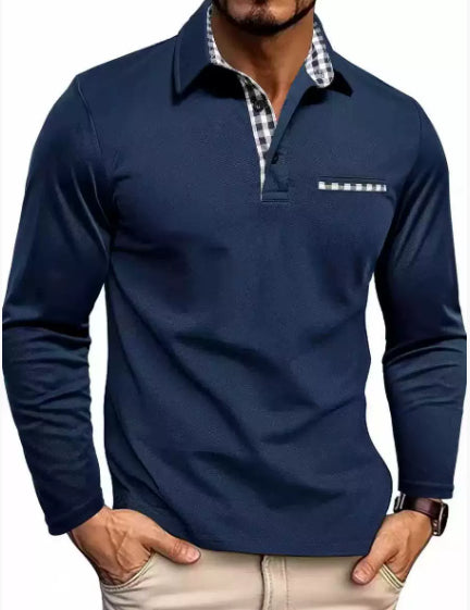 Casual Plaid Splicing Lapel Polo Shirt Fashion Solid Color Long Sleeve Top Men's Clothing