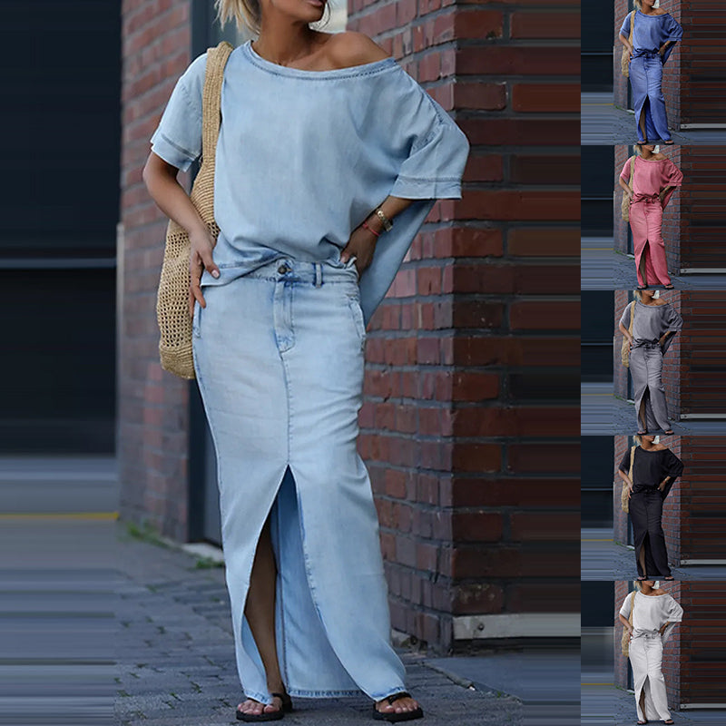 Two-piece Skirt Suits Fashion Loose Bat-sleeved Short Sleeve Top And Slim Fit Slit Maxi Skirt Patchwork Chic Outfit Women's Clothing