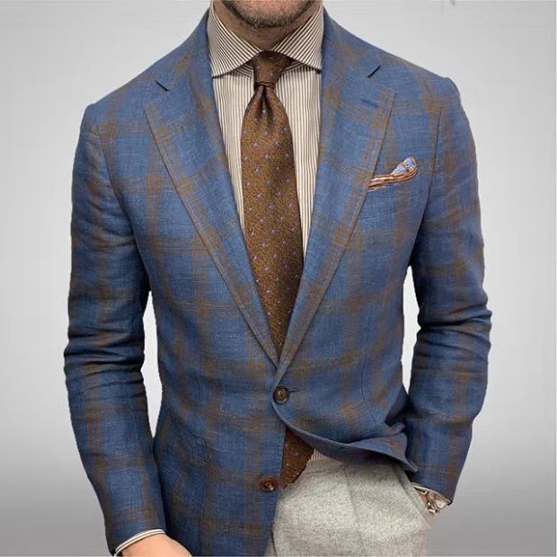 Men's Plaid Lapel Long Sleeve Suit Coat Men's Business Suit
