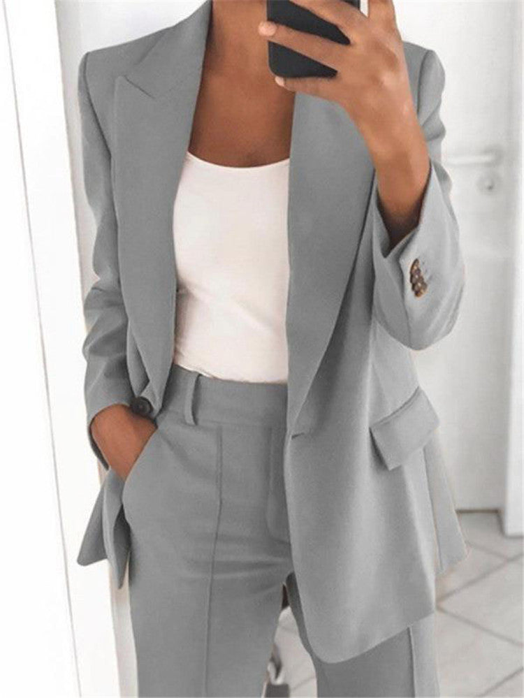 Ins Button Casual Suit Fashion Blazer met lange mouwen, revers en slim-fit broek met zakken voor dames