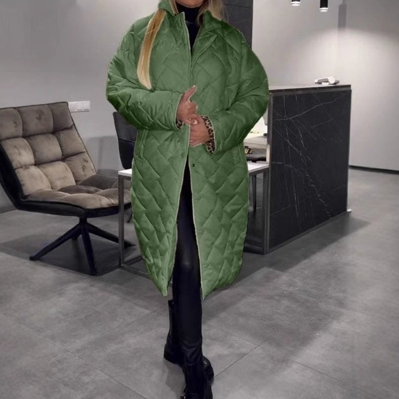 Winterjas met ruitvormig stiksel, warme effen kleur, zakken, revers, lange jas voor dames